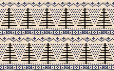 Traditional scandinavian knitted pattern featuring repeating rows of stylized pine trees and geometric motifs in a festive winter theme isolated on transparent background