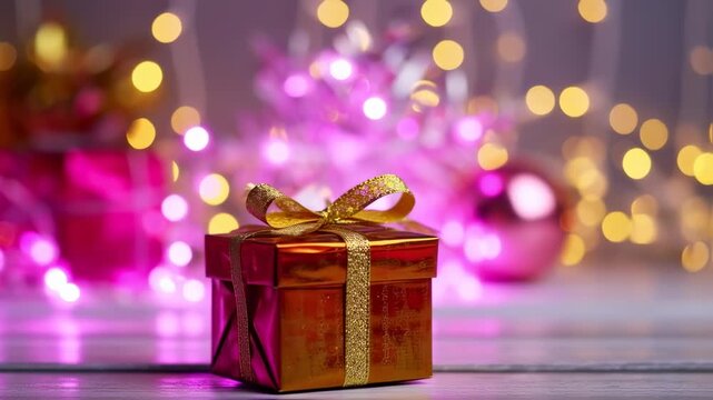A small gift box with a gold ribbon, set against a blurred background of festive lights