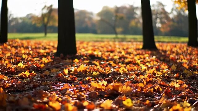 Autumn park scene with fallen leaves, sunlight, and a leaf floating in the air