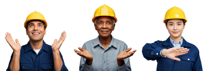 Diverse group of construction workers: a young man, an elderly woman, and a young woman, all wearing yellow hard hats and work uniforms, smiling and gesturing on a transparent background.