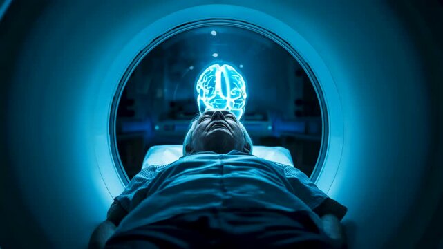 Patient Undergoing Brain Scan Inside MRI Machine with Blue Light in Medical Diagnostic Laboratory