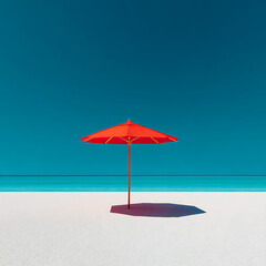 Red beach umbrella on white sand against turquoise sea and blue sky minimalist landscape