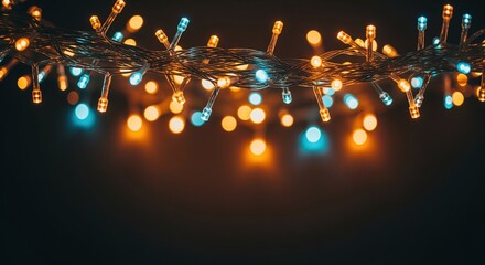 String of holiday lights with warm orange and cool blue bulbs hanging against a dark background. Perfect for festive celebrations, seasonal greeting cards, party invitations, or decoration themes.