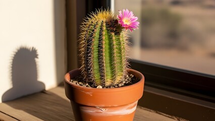 Cactus with pink bloom and sharp spines on windowsill casts shadow in warm sunlight