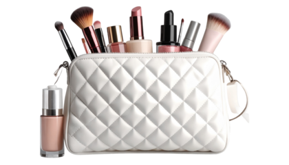 A beautiful white quilted leather cosmetic bag with full of makeup and beauty products isolated against a transparent background