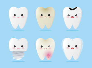 Cute Dental Cartoon Collection Showing Six Tooth Conditions