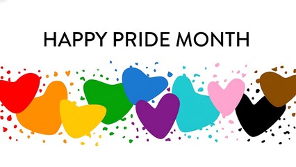 A vibrant and colorful image displays the text happy pride month above a row of heart shapes in rainbow colors and confetti high quality professional detailed