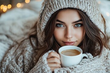 A beautiful woman hides under the covers and drinks coffee in bed. Cold, winter, virus