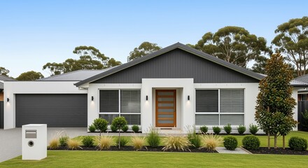 Modern single-story house with gray exterior, wooden front door, and white trim. Features neat garden beds with shrubs and grasses. Perfect for real estate, home design, or property listings.