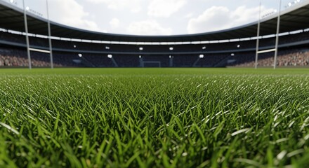Green grass field in a large stadium with empty seats visible in the background. Perfect for sports content, athletic events, and game day promotions. The lush turf creates depth.