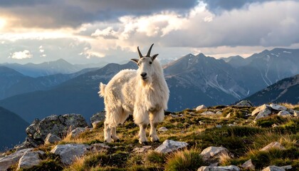 Mountain goat standing on a grassy hilltop with a backdrop of layered, hazy blue mountain peaks and cloudy sky