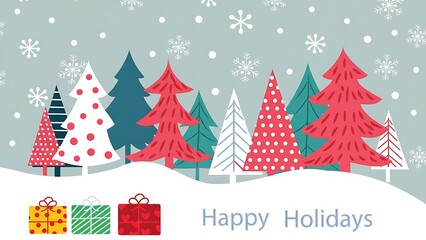 Fototapeta premium a festive winter scene depicts stylized evergreen trees adorned with patterns alongside wrapped gifts and a gentle snowfall conveying holiday cheer high quality professional detailed modern