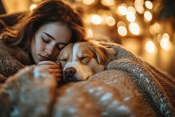 A cozy house, a woman covered with a warm blanket, drinking coffee, a dog sleeping next to her