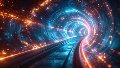 Glowing tunnel, abstract. Tracks appear leading into the blue/orange illuminated void. Bright, electric, vivid