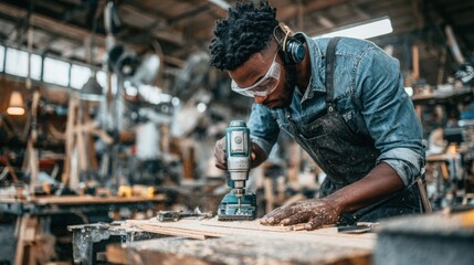 African American man using a power drill in a busy workshop, wearing protective gear, surrounded by tools and wood, showcasing craftsmanship and dedication to woodworking
