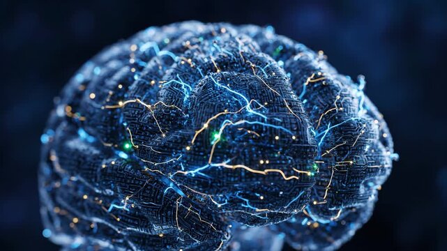 Digital Brain Concept - video shows a brain with a circuit board texture and glowing, pulsing lights representing electrical activity.