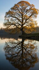 Obraz premium Large, golden-leaved tree reflected perfectly in calm water at sunset.