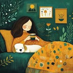 A cozy house, a woman covered with a warm blanket, drinking coffee, a dog sleeping next to her