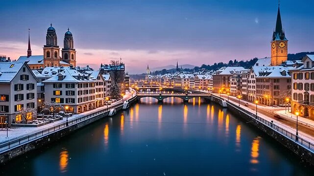 Zurich Switzerland Winter Wonderland Limmat River Grand View.