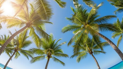 Palm trees rise against bright blue sky with ocean view below creating tropical warmth and coastal calm