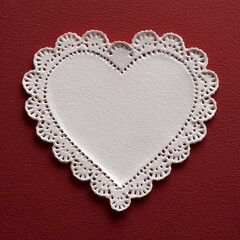 white lace heart on red background, lace heart decoration, romantic white heart doily
