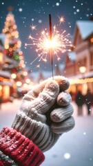 Ein Held mit Wunderkerzen und schneebedeckten Handschuh mit einer Wunderkerze vor einem verschwommenen, schneebedeckten Dorf .