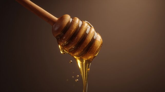 golden honey dripping from wooden dipper, warm cinematic lighting, ultra detailed macro, minimalistic clean composition