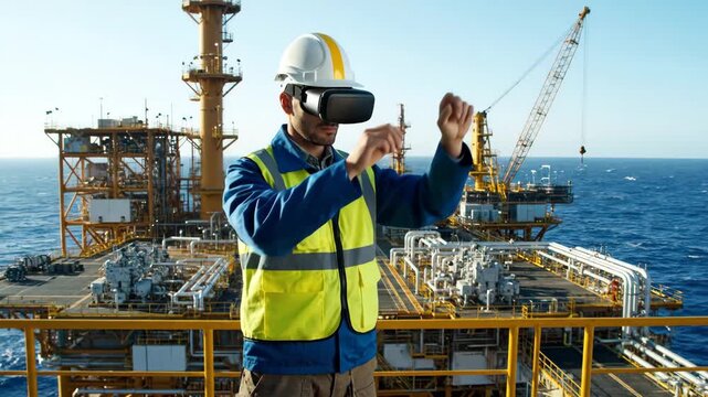 Offshore worker using VR headset - An engineer wearing a hard hat and safety vest uses a VR headset on an offshore oil rig.
