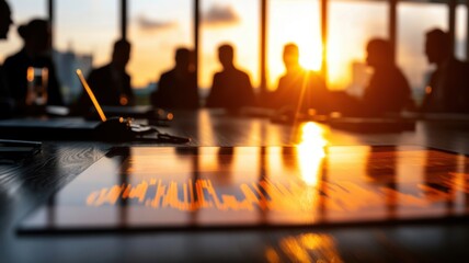 Silhouettes of leadership team viewing esg compliance roadmap and risk heatmap in a boardroom setting
