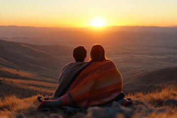 A loving couple, wrapped in a blanket, sits on a mountain at sunset. View from behind. The man and woman are traveling together