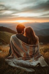 A loving couple, wrapped in a blanket, sits on a mountain at sunset. View from behind. The man and woman are traveling together