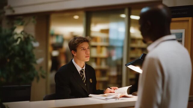A public library information desk where a knowledgeable librarian helps a student locate research materials, surrounded by shelves, signage, and warm reading light &mdash; educational guidance, community