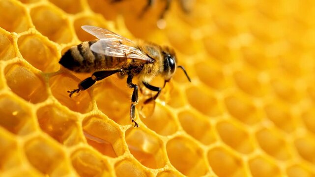 Honey Bee on Honeycomb - A close-up shot shows a honey bee perched on a honeycomb cell, its body detailed with hairs and stripes. A drop of honey clings to its legs.
