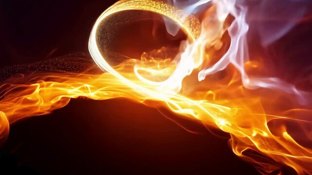 Dynamic opener: A fiery orange stream transforms into a swirling white/blue energy ring, forming a colorful cosmic vortex resembling a black hole. Perfect for a logo or title reveal.