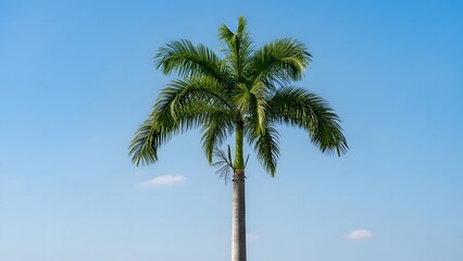 Single palm tree stands tall under clear blue sky with soft clouds evoking tropical calm and simplicity