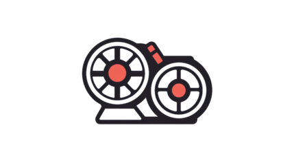 Abstract illustration of a vintage camera with two lens and a central red focus