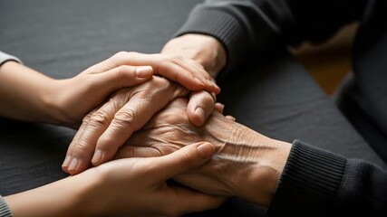 A young woman holds the wrinkled hands of an older man, symbolizing support, care, and compassion between different generations