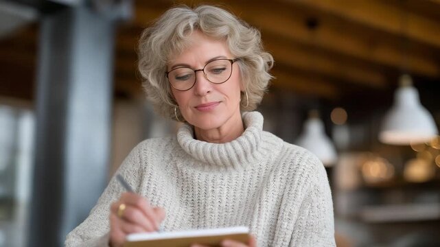 A senior learner attending a virtual seminar from home, smiling as they take notes on a digital notepad &mdash; active aging, cognitive growth, and the empowering impact of personal education at any age.