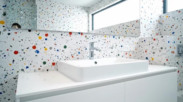 Modern Bathroom with Terrazzo Wall - A bright, modern bathroom features a white vanity with a square sink and chrome faucet.