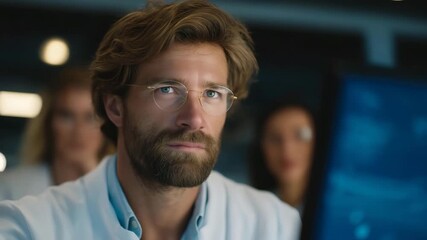 A scientist in a modern lab reacting emotionally to unexpected breakthrough data on a glowing monitor, colleagues gathering around in excitement — innovation emotion, scientific discovery, and