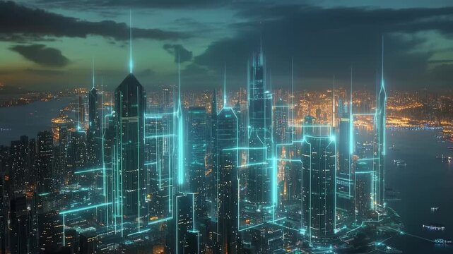 Networked Metropolis: An intricate network of digital lines overlays a futuristic cityscape, signifying the interconnectedness of urban life, technology, and progress.