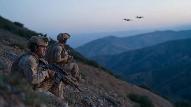 A unit establishing a defensive perimeter on a hillside, scanning the horizon with night-vision optics as reconnaissance drones circle overhead &mdash; strategic combat positioning, advanced