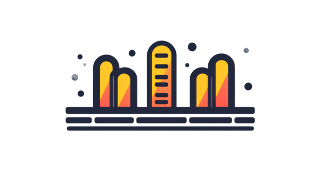 Abstract illustration of stylized buildings with vibrant color gradients on a transparent background - Powered by Adobe