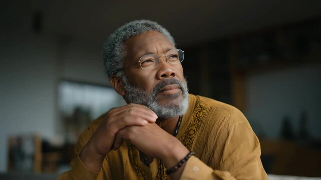 An elderly man rehearsing a speech in an empty living room, practicing steady breathing before delivering heartfelt words at a family gathering &mdash; generational storytelling, emotional courage, and