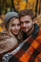 A young beautiful couple hugging under a blanket in the park.