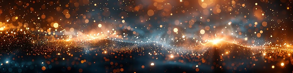 Panoramic View of a Cosmic Nebula with Golden and Blue Lights