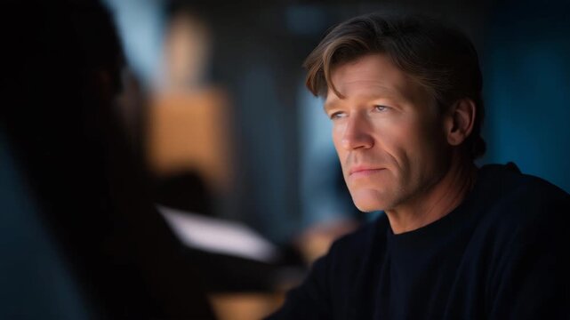Close-up of a director&rsquo;s focused expression illuminated by monitor glow as they watch an intense scene playback &mdash; concept of cinematic leadership, artistic empathy, and the emotional precision
