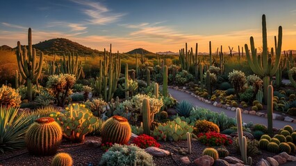 Desert garden with winding gravel path and diverse cacti bathed in warm sunset light and shadows