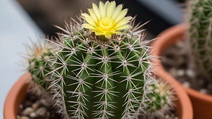 Green cactus with radial white spines and blooming yellow flower in terracotta pot highlights desert beaut