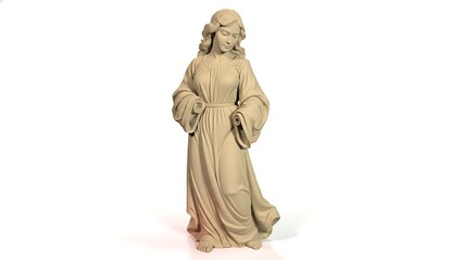 a full shot of a beige sculpted statue of a woman in a flowing robe standing against a plain white background with delicate features high quality